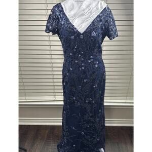 La Femme Beaded Sheath Gown Dress Short Sleeve Navy Blue Size 8 Mother Bride NEW